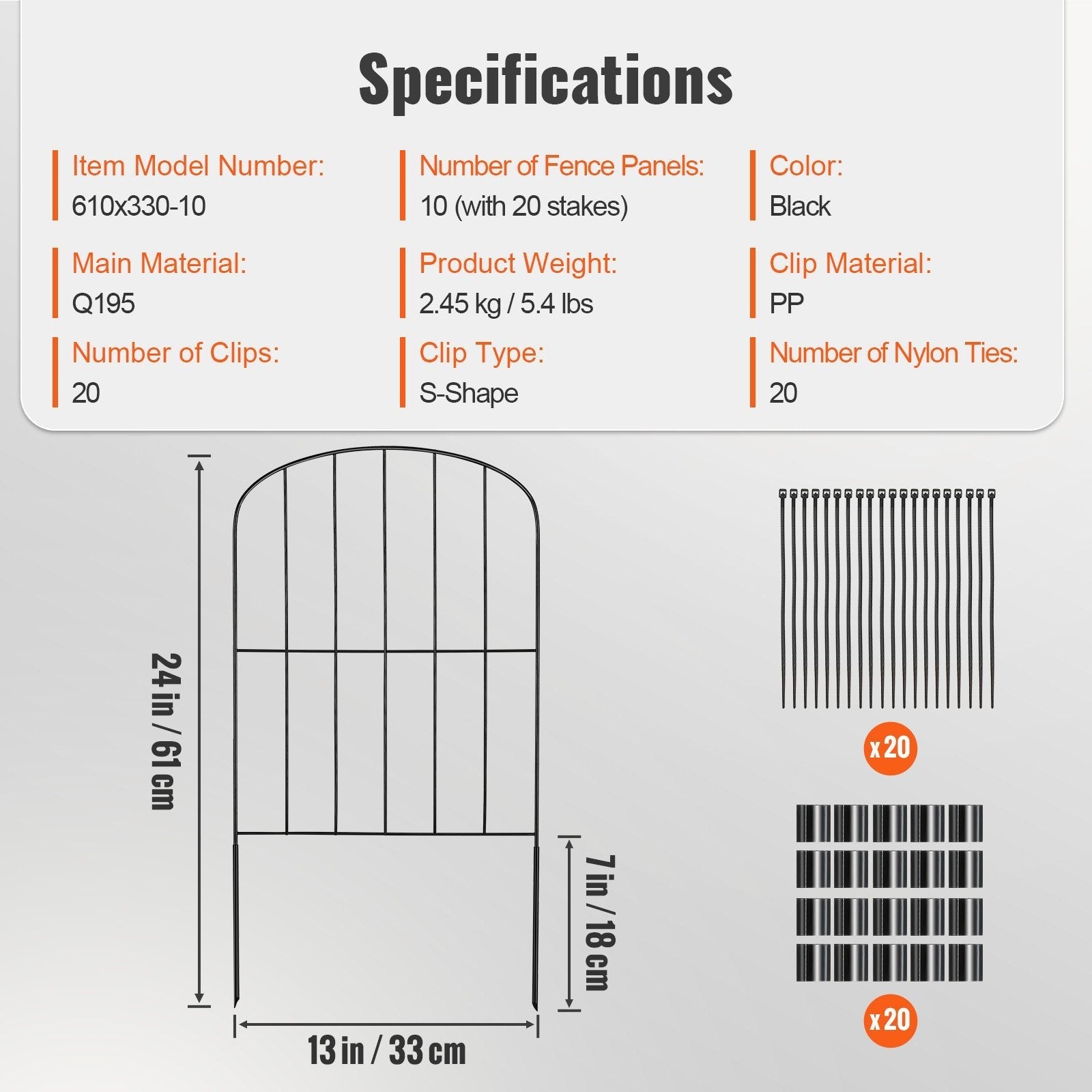 VEVOR Garden Fence, No Dig Fence 24''(H)x13''(L) Animal Barrier Fence, Underground Decorative Garden Fencing with 2 inch Spike Spacing, Metal Dog Fence for the Yard and Outdoor Patio, 10 Pack