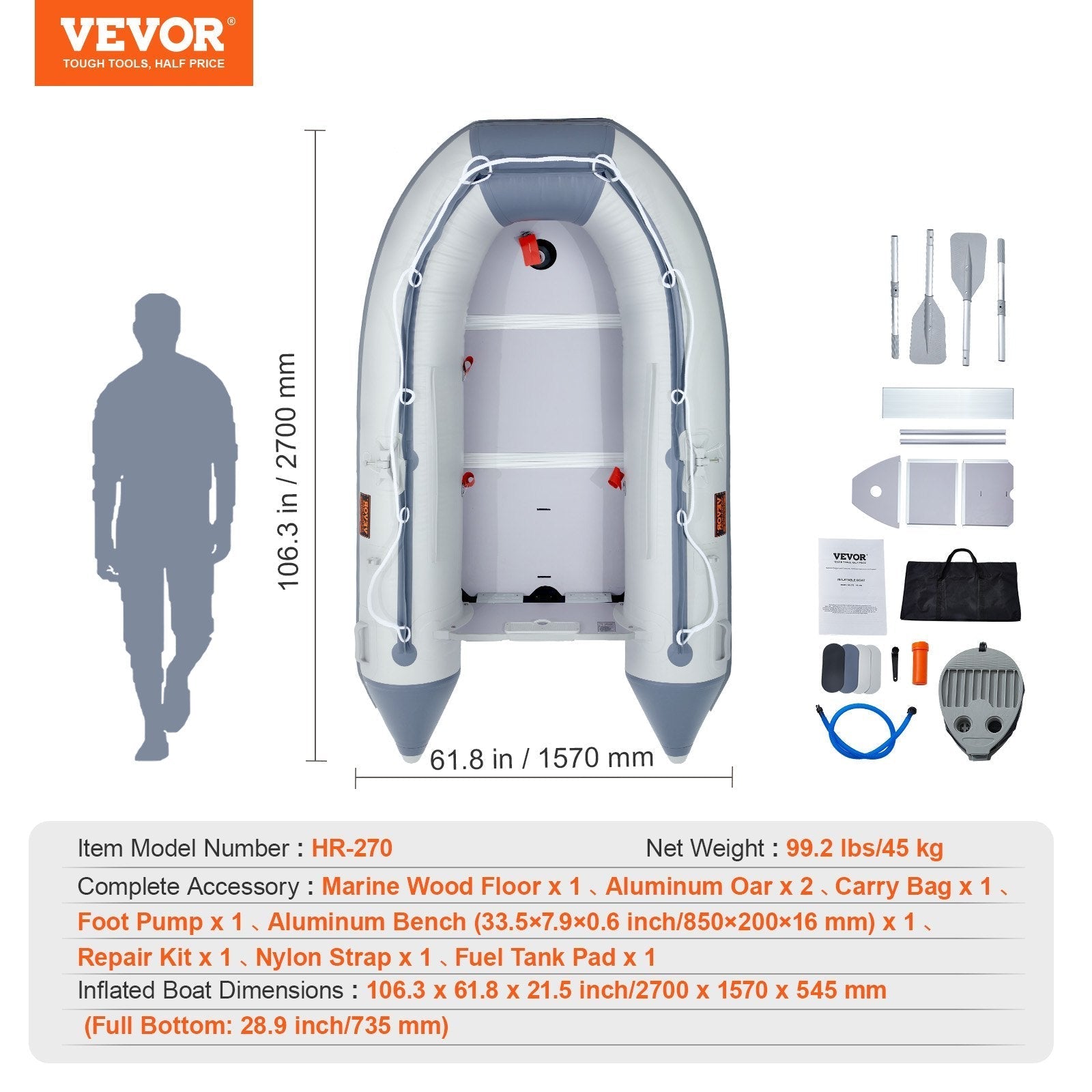 VEVOR Inflatable Dinghy Boat, 4-Person Transom Sport Tender Boat, with Marine Wood Floor and Adjustable Aluminum Bench, 1000 lbs Inflatable Fishing Boat Raft, Aluminum Oars, Air Pump, and Carry Bag