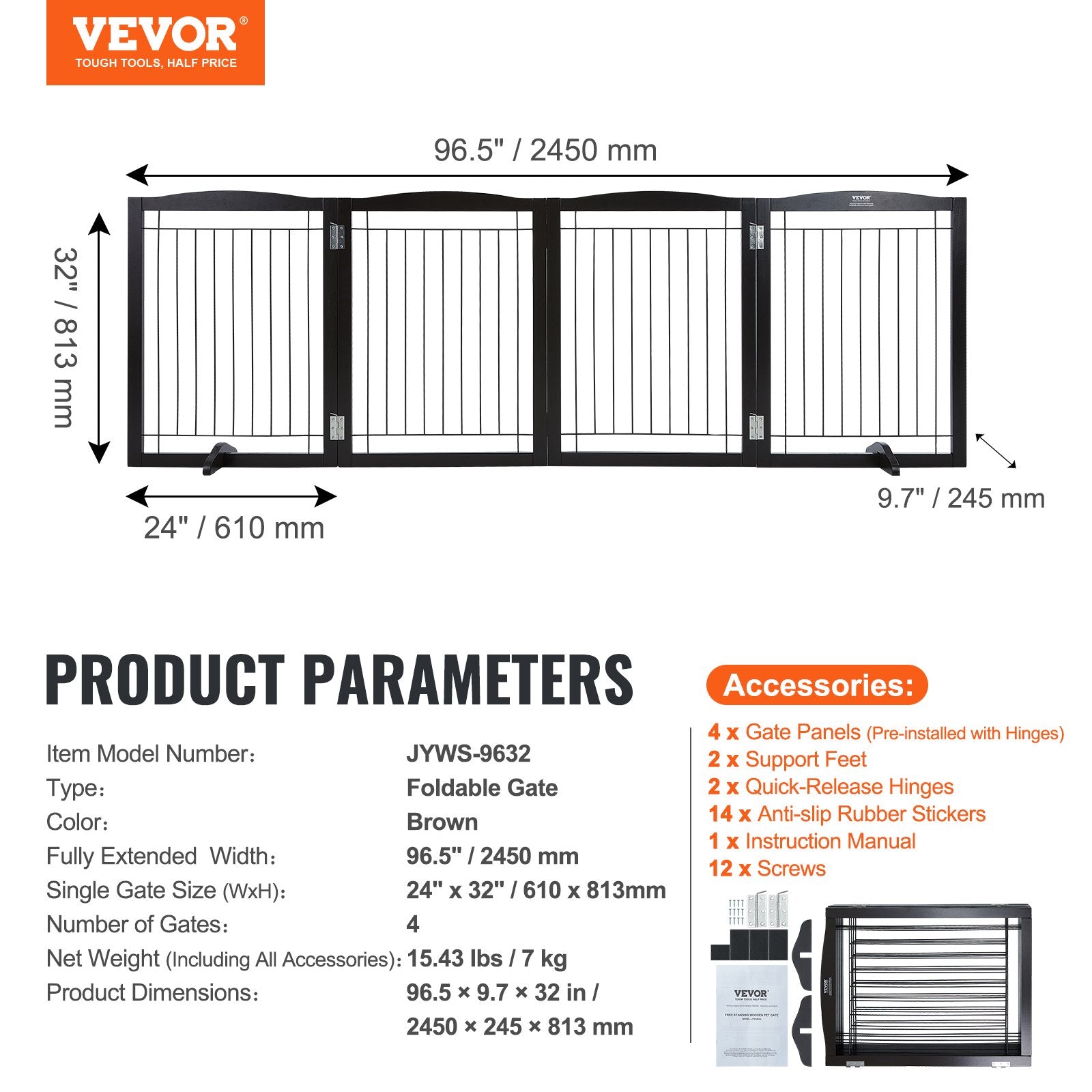 VEVOR Free Standing Dog Gate, 32" H x 96.5" W Freestanding Pet Gate, 4 Panels Foldable Dog Gate for Wide and Narrow Passageways, Expandable Dog Barrier with Silent Foot Support for Indoor, Brown
