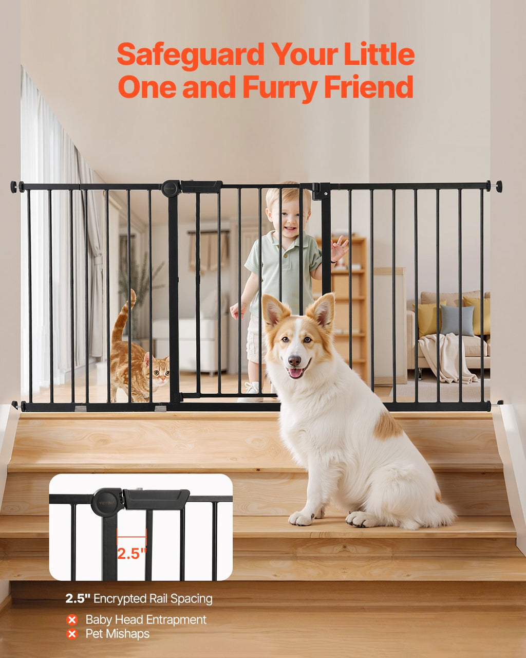 VEVOR Baby Gate 60.6-63.3 Inches Adjustable Width 30 Inches High Dog Gate Black