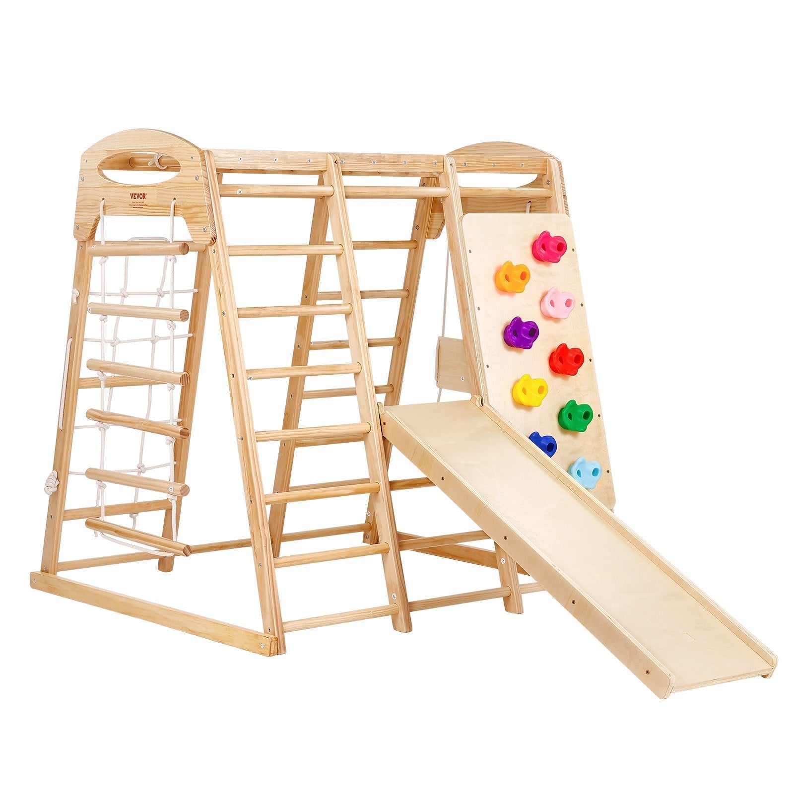 VEVOR Indoor Jungle Gym, 7-in-1 Toddler Indoor Playground, Wooden Toddler Climbing Toys Indoor with Wood & Rope Ladder, Net Ladder, Swing, Monkey Bar, Slide, Climbing Wall, 47.2 x 58 x 56in