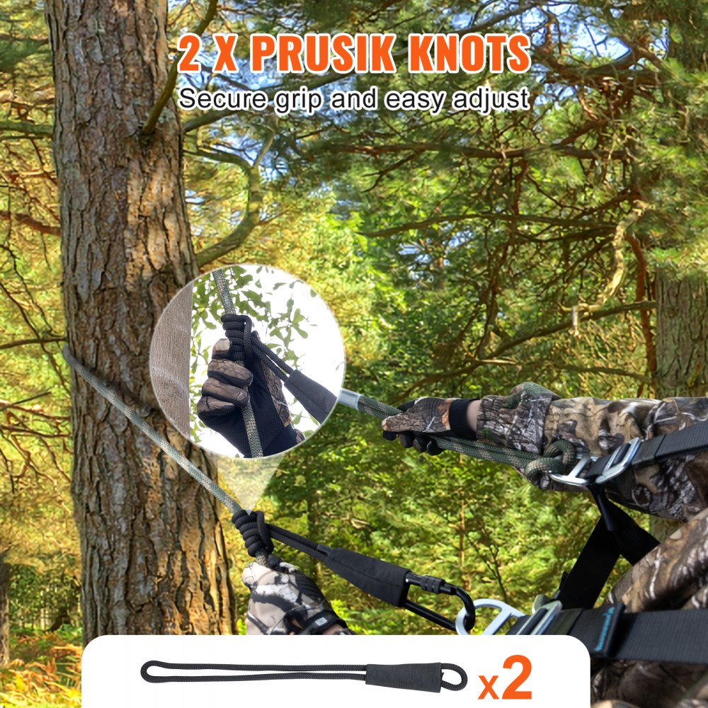 VEVOR Tree Stand Safety Rope, 9 ft/27.43M Treestand Lifeline Rope 30KN Breaking Tension, 0.6'' Hunting Safety Line with Prusik Knot, 2pcs Carabiner and Silencer, for Treestrap and Climbing