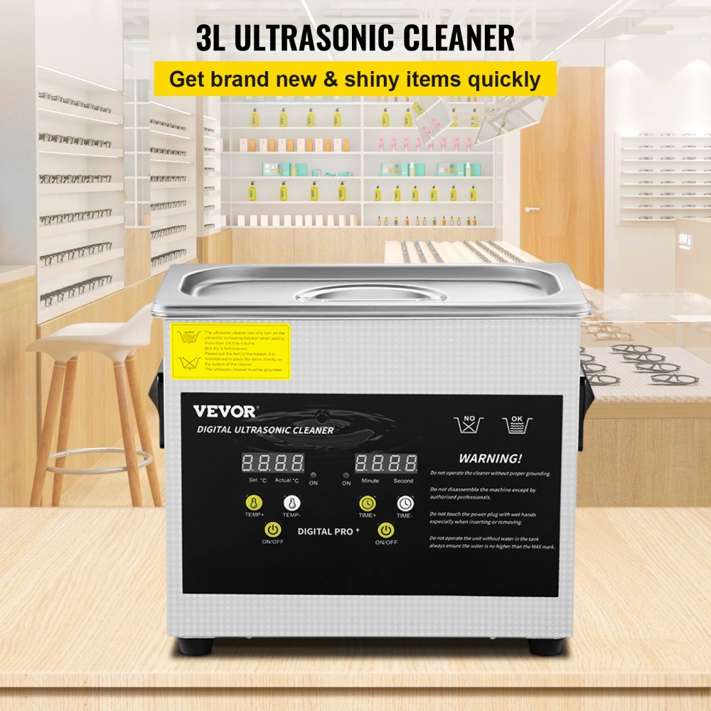 VEVOR Ultrasonic Cleaner 3L Ultrasonic Parts Cleaner 200W 40KHz Stainless Steel Ultrasonic Jewelry Cleaner with Digital Timer Heater for Jewelry Glasses Cleaning