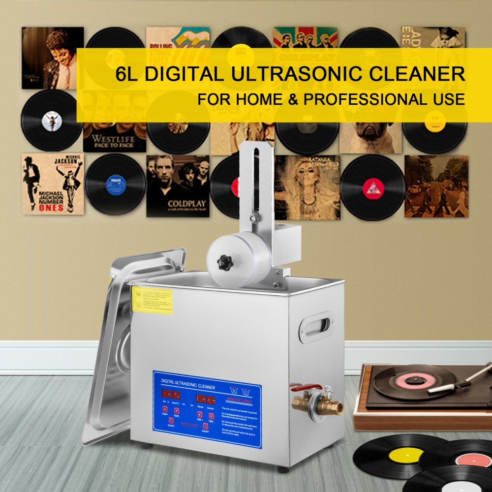 VEVOR Ultrasonic Vinyl Record Cleaner 6L 40kHz Vinyl Ultrasonic Cleaning Machine 304 Stainless Steel Record Ultrasonic Cleaner 6 Records w/ Drying Rack Vinyl Sonic Cleaner w/ Adjustable Heater & Timer