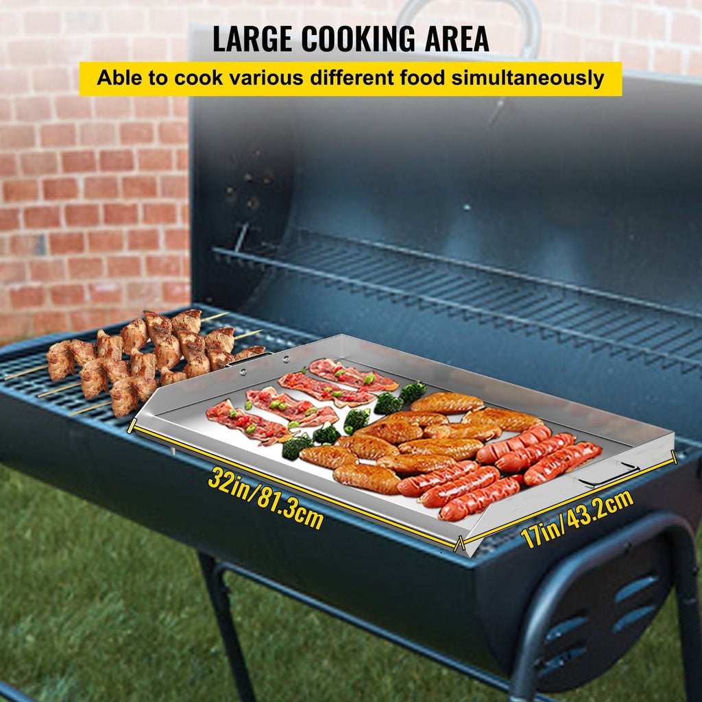 VEVOR Stainless Steel Griddle,32\" X 17\" Universal Flat Top Rectangular Plate , BBQ Charcoal/Gas Grill with 2 Handles and Grease Groove with Hole?Grills for Camping, Tailgating and Parties .