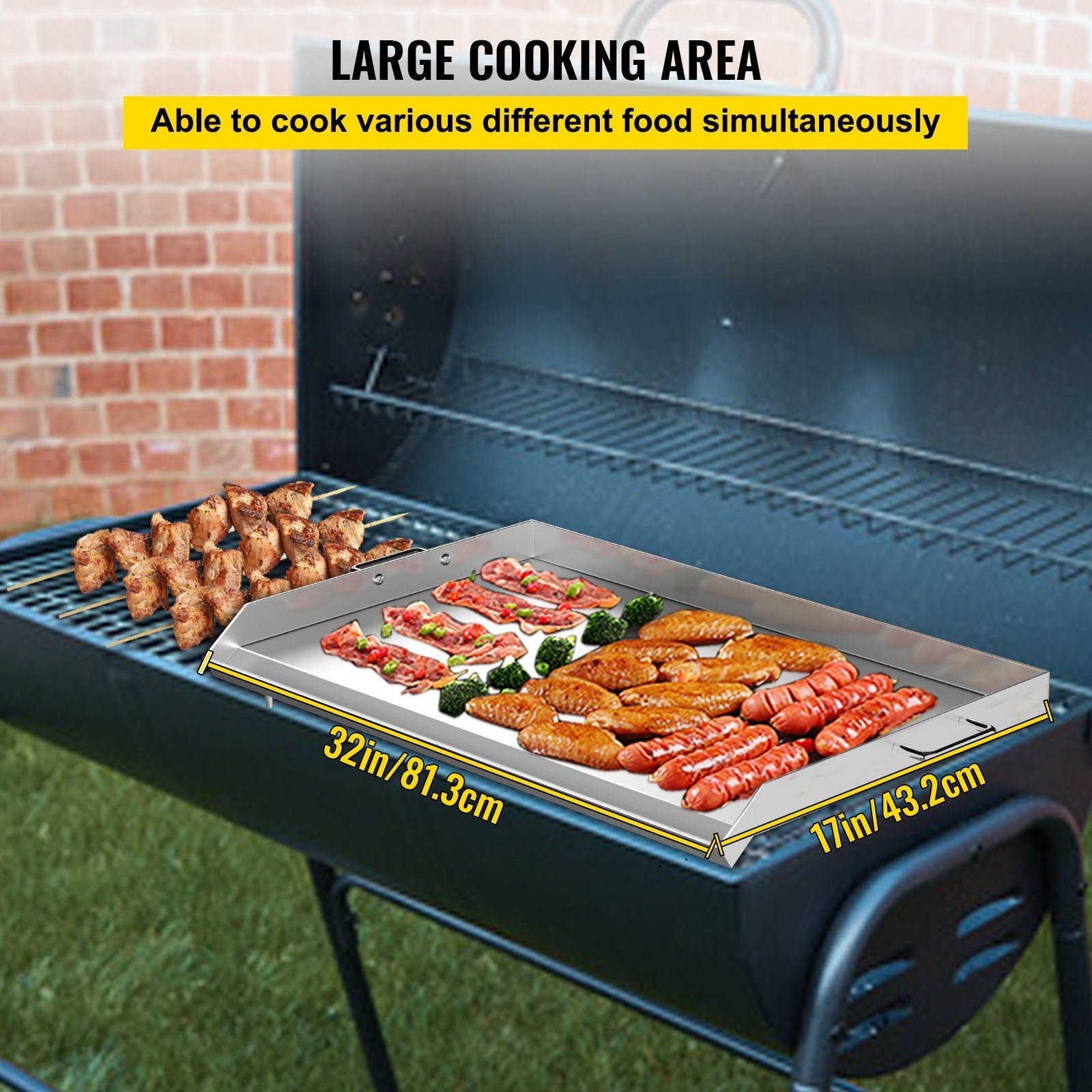 VEVOR Stainless Steel Griddle,32\" X 17\" Universal Flat Top Rectangular Plate , BBQ Charcoal/Gas Grill with 2 Handles and Grease Groove with Hole?Grills for Camping, Tailgating and Parties .