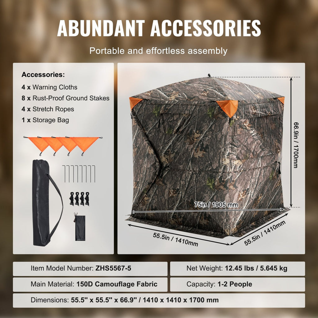 VEVOR Hunting Blind 270° See Through Ground Blind 3 Windows Mesh for 1-2 Person