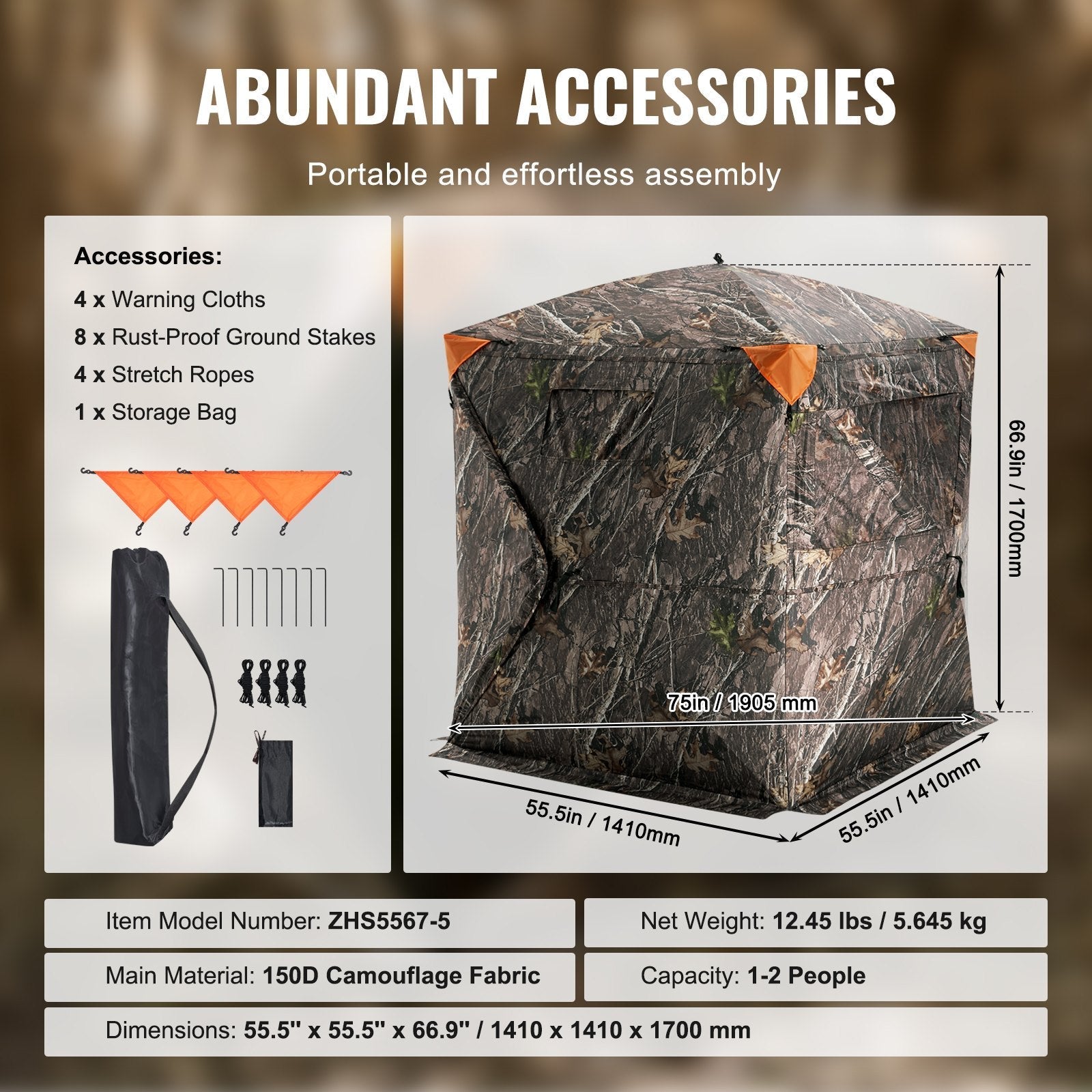 VEVOR Hunting Blind 270° See Through Ground Blind 3 Windows Mesh for 1-2 Person