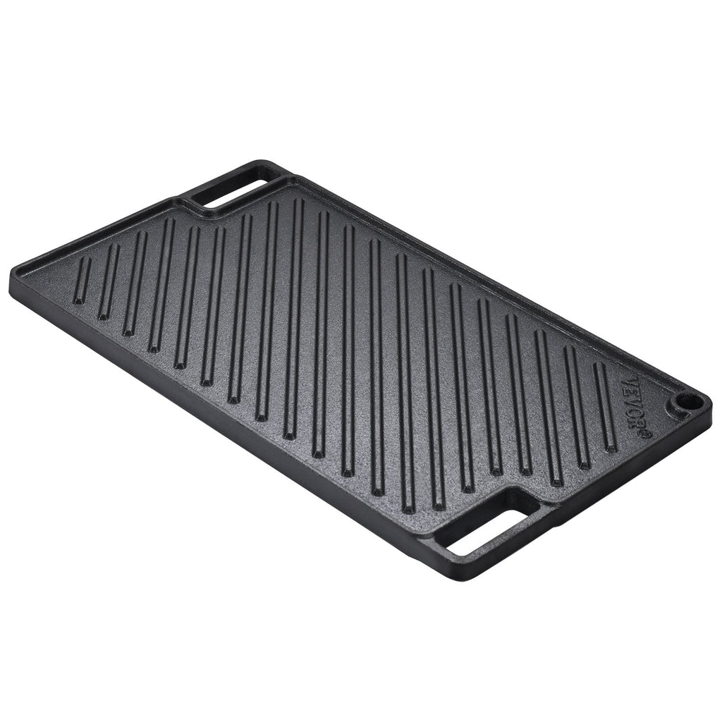 VEVOR Reversible Grill/Griddle, 9.7"x16.7" Pre-Seasoned Cast Iron Griddle, Rectangular Double Burner Griddle Pan, Non-Stick Family Pan Cookware with Handles, Flat Top Plate for BBQ, Gas Grill, Black