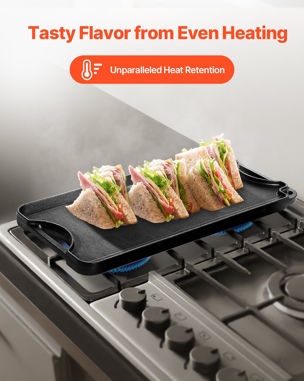 VEVOR 20x10 in Reversible Grill Griddle Pre-Seasoned BBQ Pan Cast Iron Black