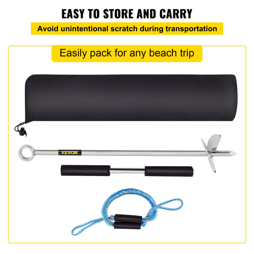 VEVOR Sand Anchor, 18" Length Auger to the Beach and Sandbar, 316 Stainless Steel Screw Anchor w/ Removable Handle, Bungee Line & Carry Bag, for Jet Ski PWC Pontoon Kayak