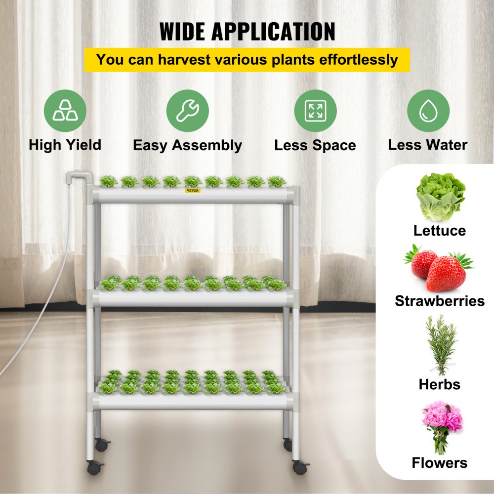 VEVOR Hydroponics Growing System, 108 Sites 3 Layers, 12 Food-Grade PVC-U Pipes, Vertical Indoor Plant Grow Kit with Water Pump, Timer, Nest Basket, Sponge for Fruits, Vegetables, Herb, White