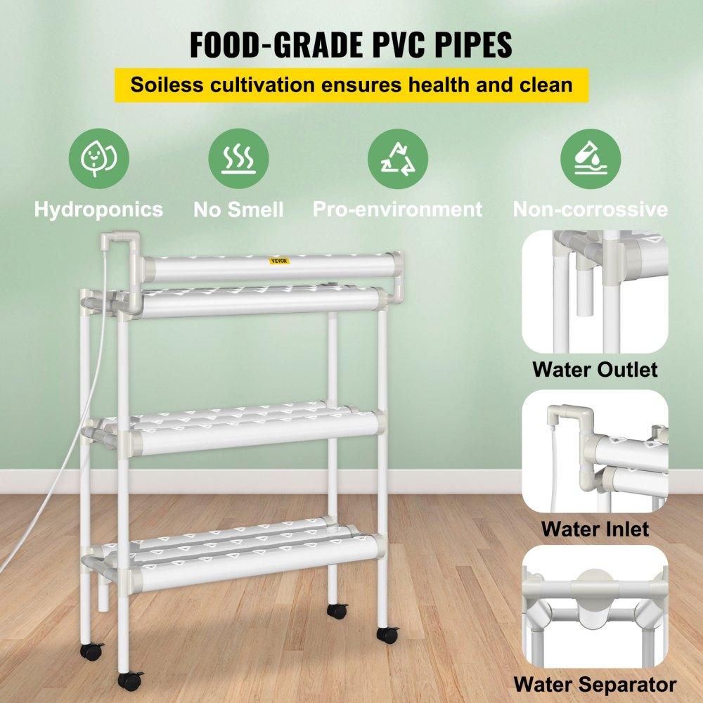 VEVOR Hydroponics Growing System, 90 Sites 3 Layers, 10 Food-Grade PVC-U Pipes, Vertical Indoor Plant Grow Kit with Water Pump, Timer, Nest Basket, Sponge for Fruits, Vegetables, Herb, White