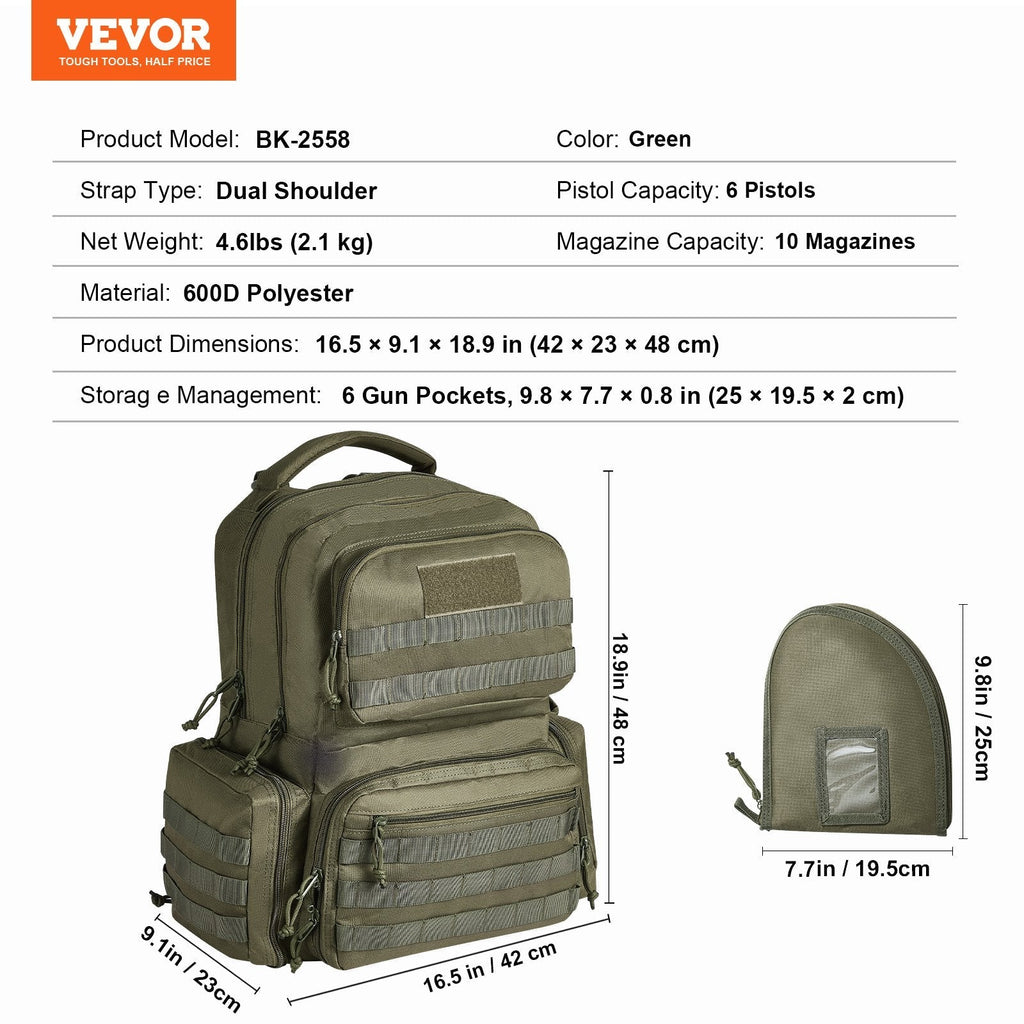 VEVOR Tactical Range Backpack for 6 Pistols Gun Backpack Green