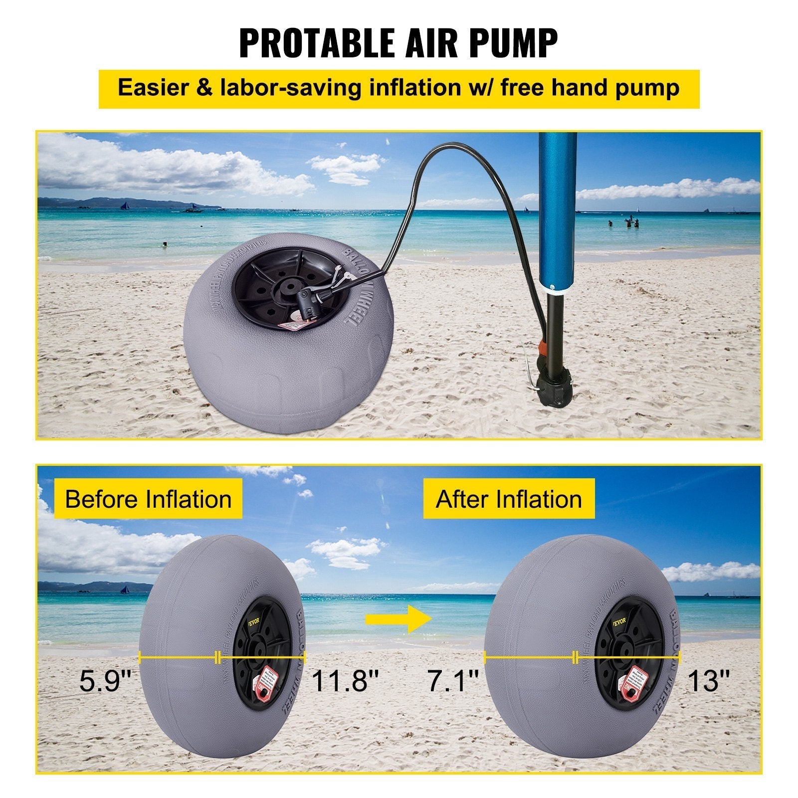 VEVOR Beach Balloon Wheels, 13" Replacement Sand Tires with 32" Stainless Steel Axle, TPU Cart Tires for Kayak Dolly, Canoe Cart and Buggy w/ Free Air Pump, 2-Pack