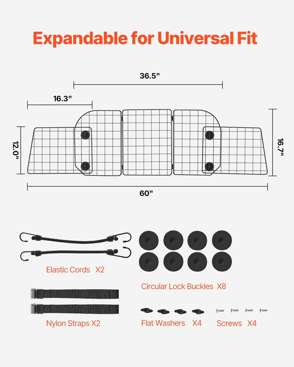 VEVOR Dog Car Barrier 36.6"-60" Adjustable Pet Divider Gate for Cargo Area