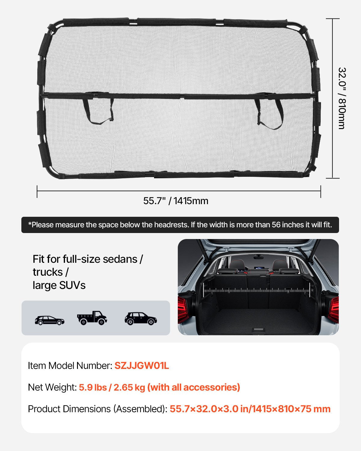 VEVOR Dog Car Barrier 56" Wide Front Seats Installation Car Divider for SUVs