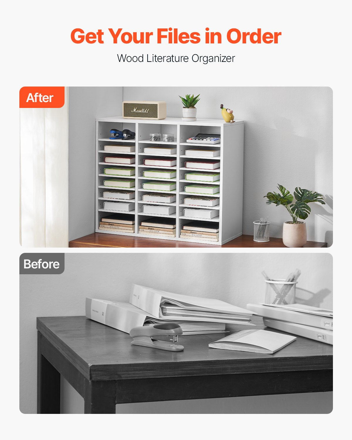 VEVOR Wooden Literature Organizer 24 Compartments with Adjustable Shelves White