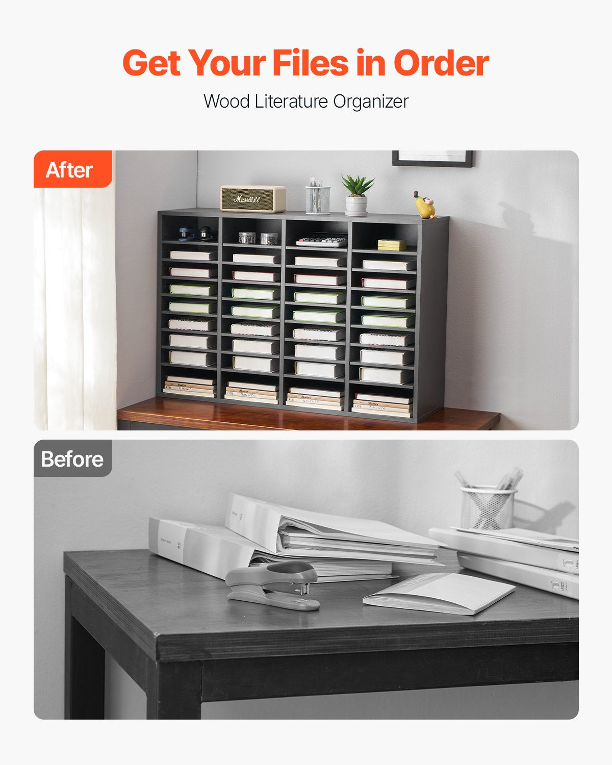 VEVOR Wooden Literature Organizer 36 Compartments with Adjustable Shelves Grey