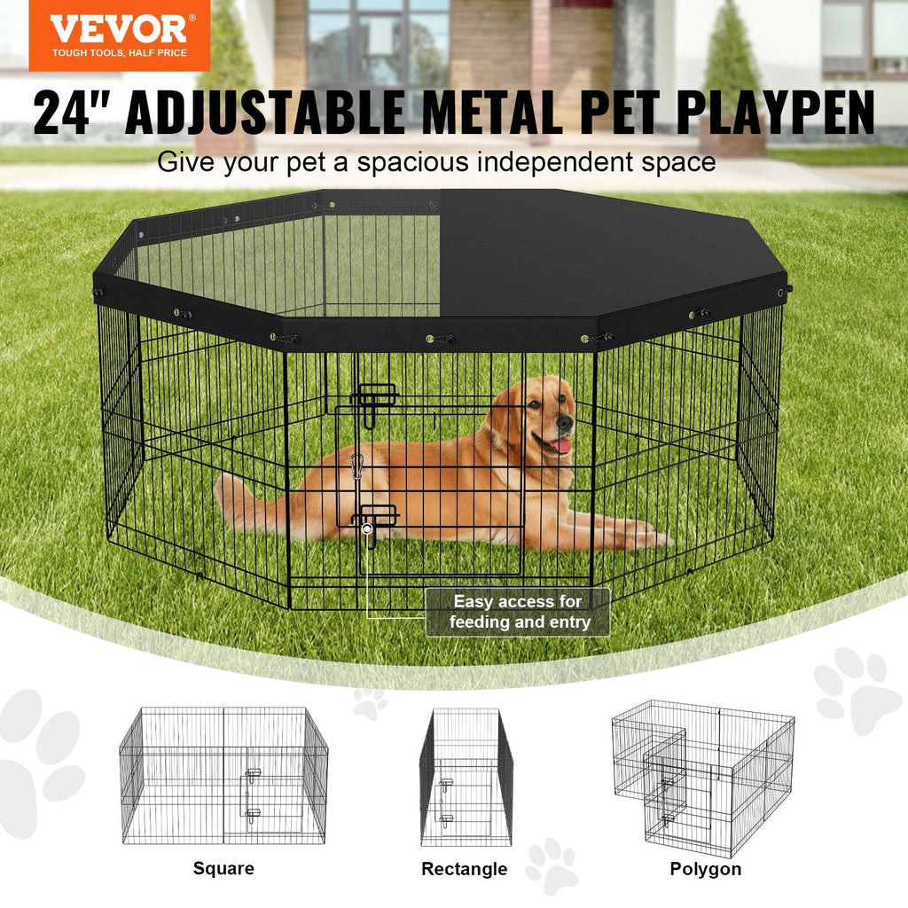 VEVOR Dog Playpen, 8 Panels Foldable Metal Dog Exercise Pen with Top Cover, 24" H Pet Fence Puppy Crate Kennel with Ground Stakes, Indoor Outdoor Dog Pen for Small Medium Pets, for Camping, Yard