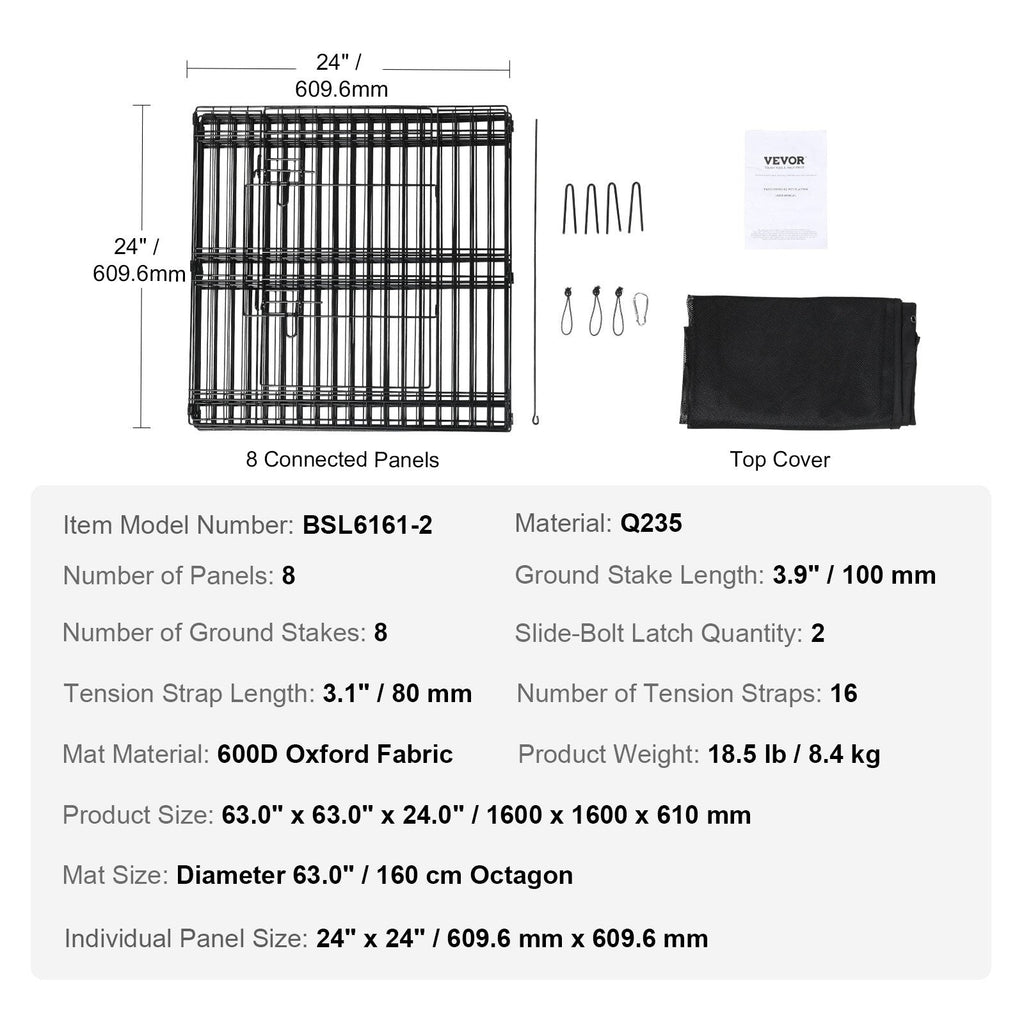VEVOR Dog Playpen, 8 Panels Foldable Metal Dog Exercise Pen with Top Cover, 24" H Pet Fence Puppy Crate Kennel with Ground Stakes, Indoor Outdoor Dog Pen for Small Medium Pets, for Camping, Yard