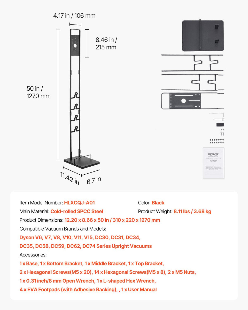 VEVOR Vacuum Stand for Dyson Multi-Models Storage Bracket Holder with 4 Hooks