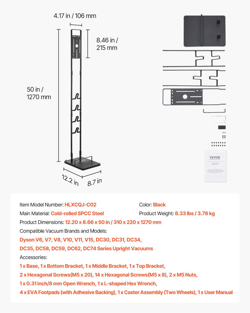 VEVOR Vacuum Stand for Dyson Multi-Models Storage Bracket Holder with Wheels