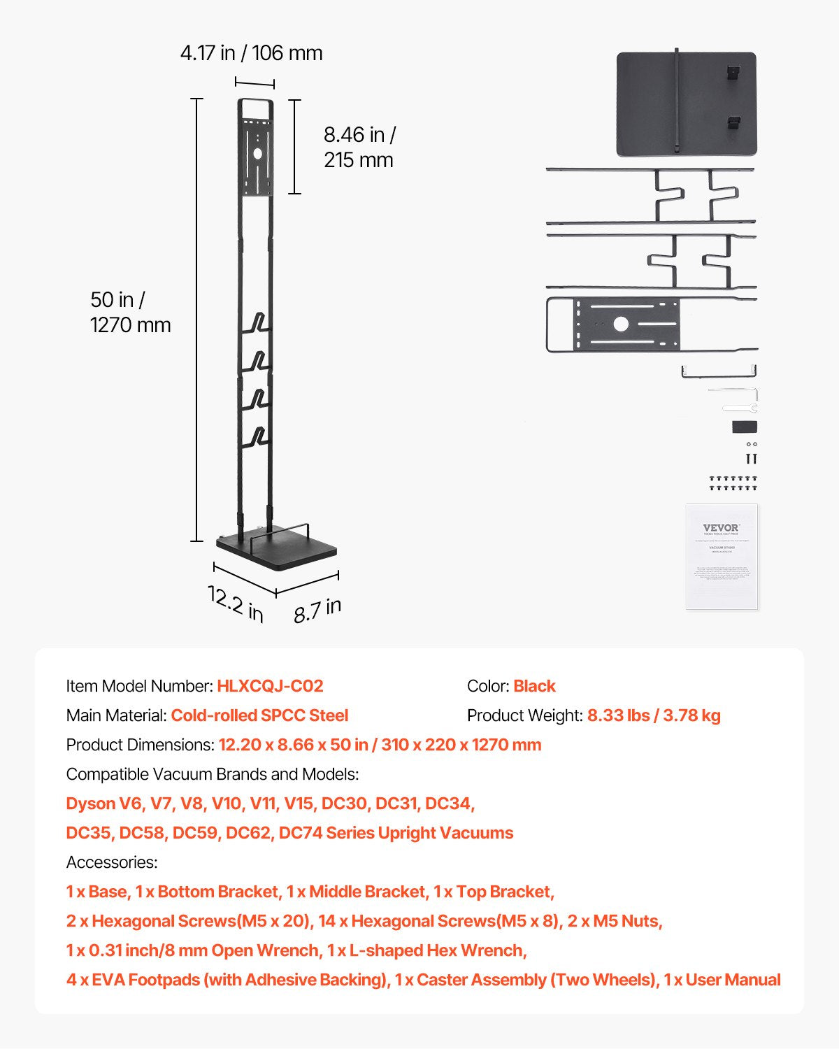 VEVOR Vacuum Stand for Dyson Multi-Models Storage Bracket Holder with Wheels