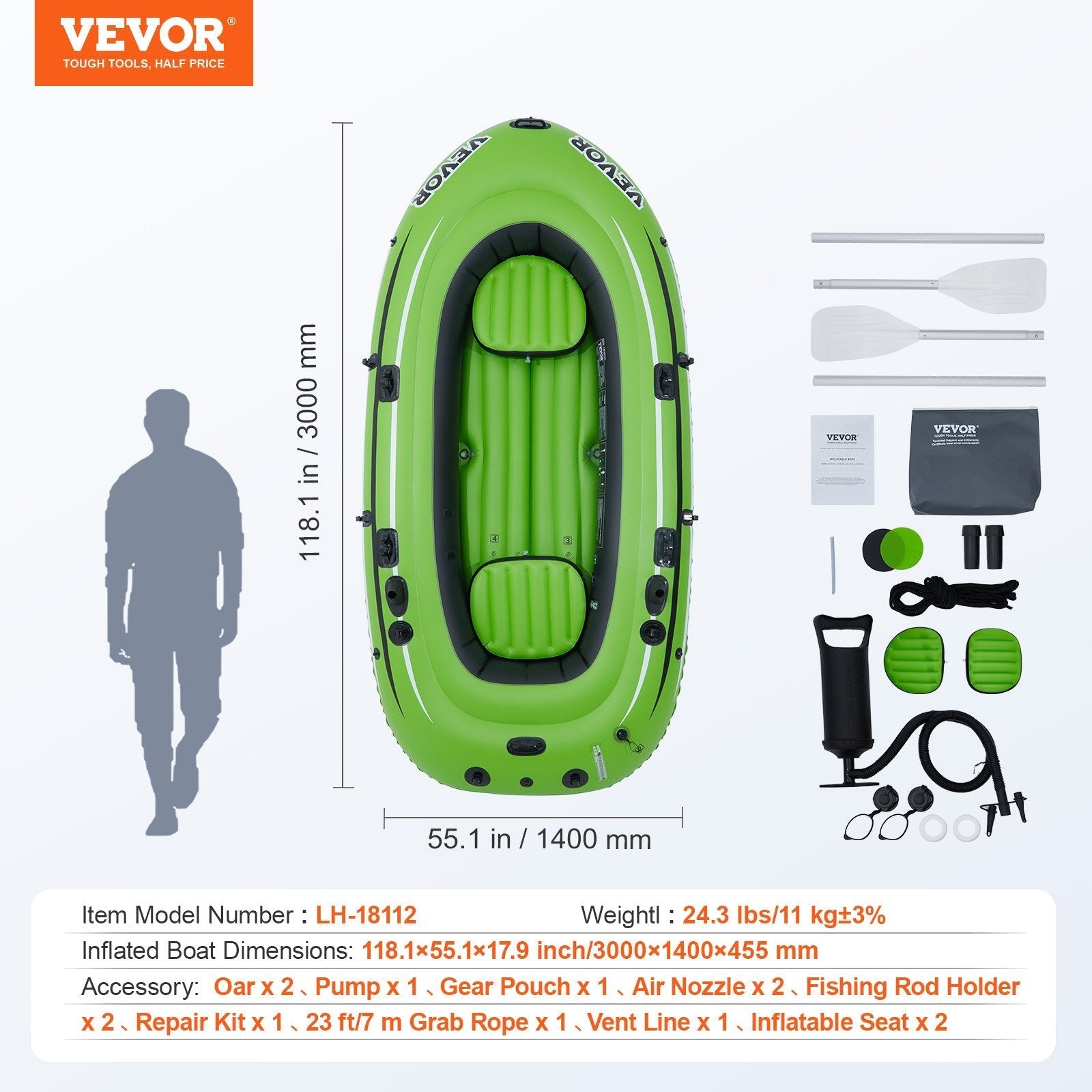 VEVOR Inflatable Boat, 4-Person Inflatable Fishing Boat, Strong PVC Portable Boat Raft Kayak, 45.6" Aluminum Oars, High-Output Pump, Fishing Rod Holders, and 2 Seats, 1100 lb Capacity for Adults, Kids