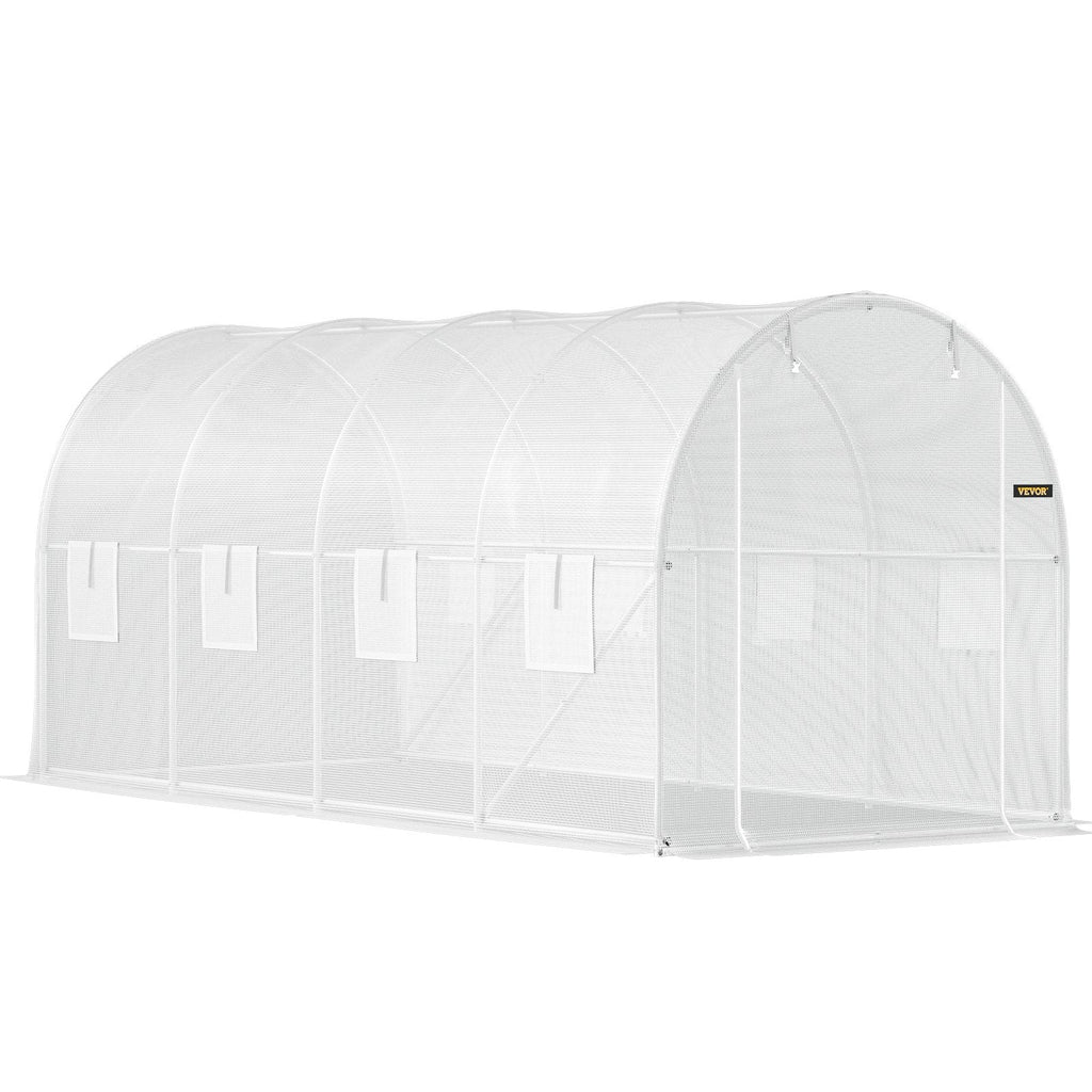VEVOR Walk-in Tunnel Greenhouse, 15 x 6.5 x 7 ft Portable Plant Hot House w/ Galvanized Steel Hoops, 1 Top Beam, 2  x Diagonal Poles, A Zippered Door & 8 Roll-up Windows, White
