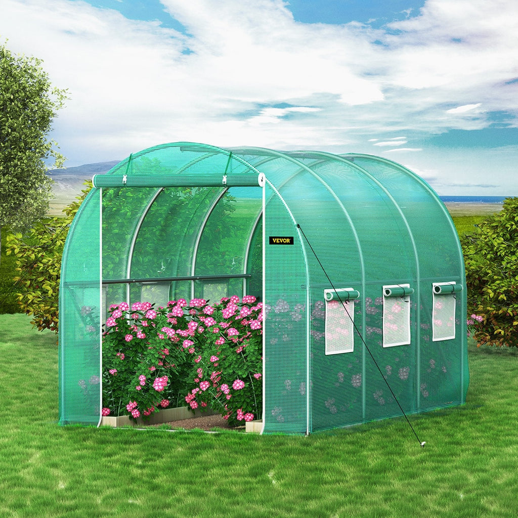 VEVOR Walk-in Tunnel Greenhouse, 9.8 x 6.6 x 6.6 ft Portable Plant Hot House w/ Galvanized Steel Hoops, 1 Top Beam, 2 Diagonal Poles, 2 Zippered Doors & 6 Roll-up Windows, Green