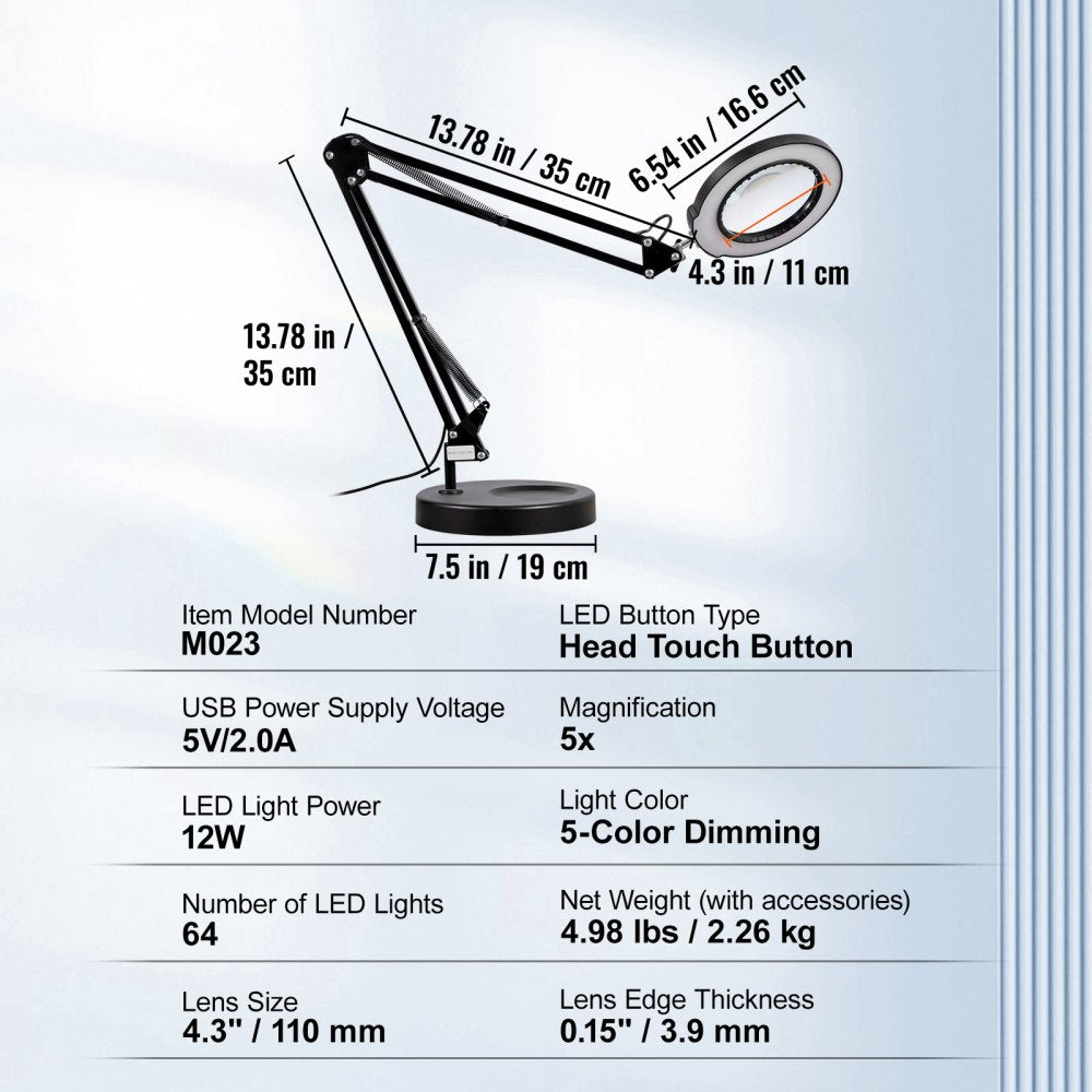 VEVOR Magnifying Glass with Light & Base 5X Magnifying Lamp 4.3