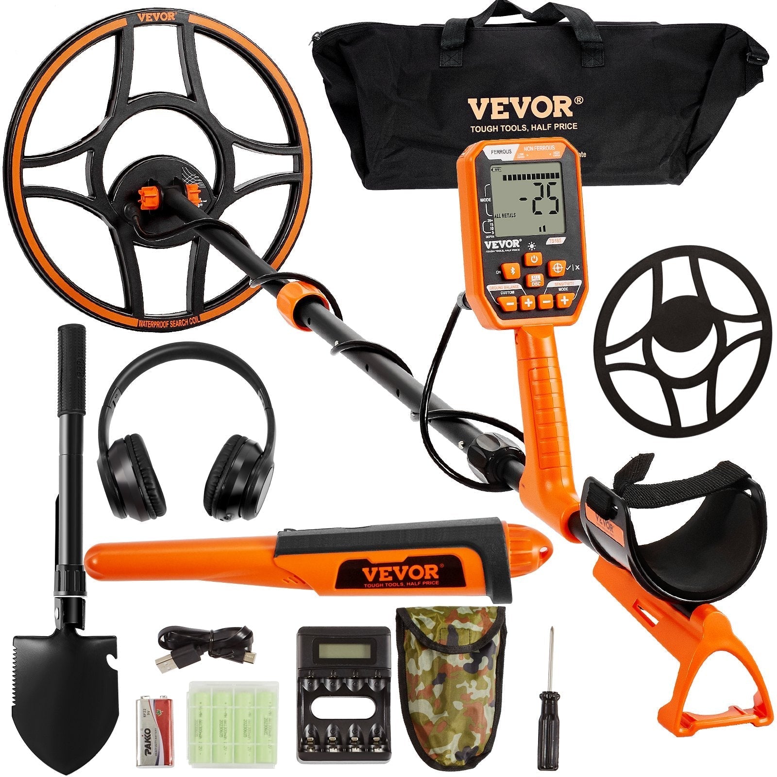 VEVOR Waterproof Metal Detector, 12" Coil, Professional Rechargeable Gold Detector, 39-50 in Adjustable with LCD 7 Modes Advanced DSP Chip Bluetooth Headset, IP68 for Detecting Gold Treasure Hunting