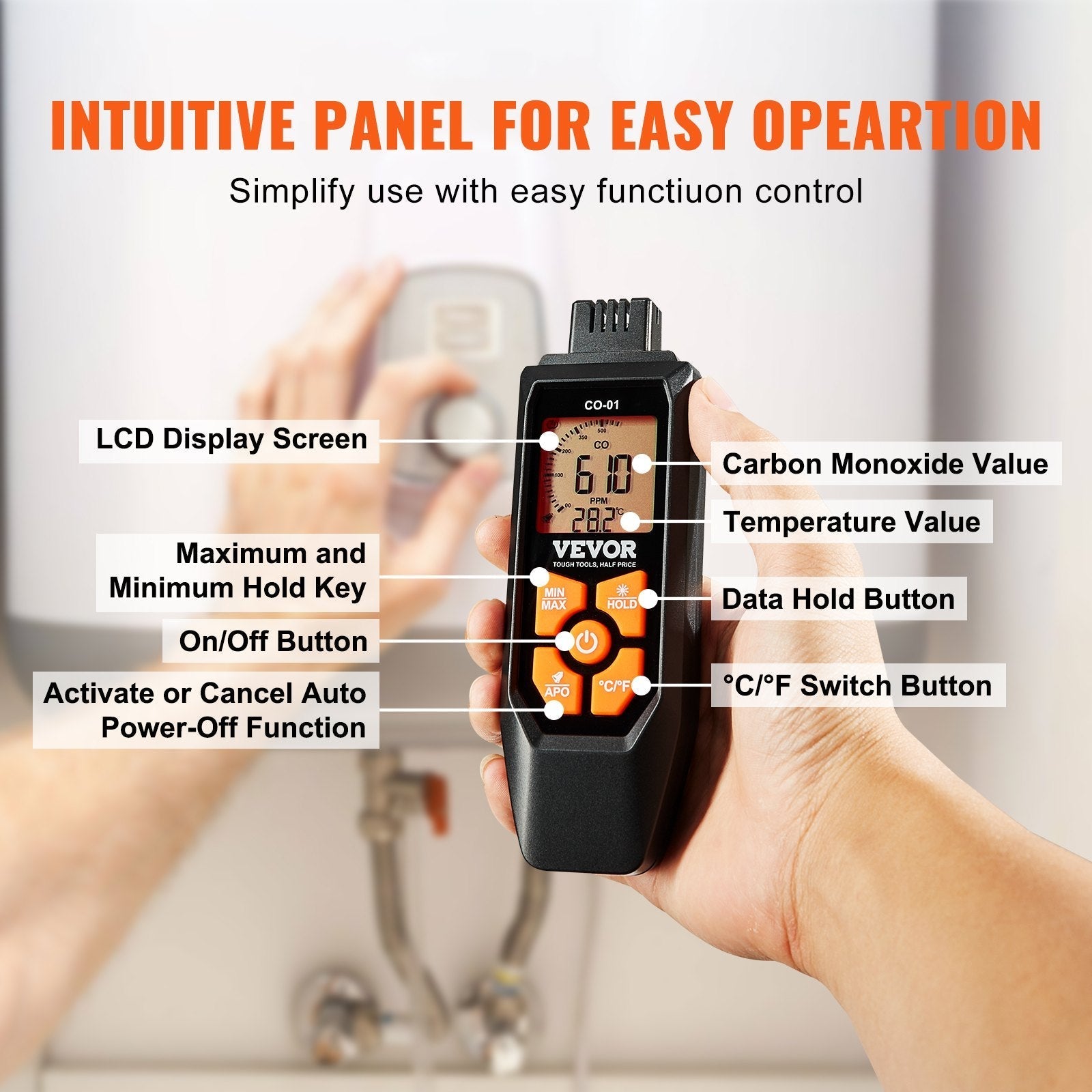 VEVOR Carbon Monoxide Detectors, 0-1000PPM Portable CO Detector with Audible & Visual Alarm, Handheld CO Gas Meter Tester with Temp Sensor, LCD Backlit Screen for Industrial/Home (Include 3 x Battery)
