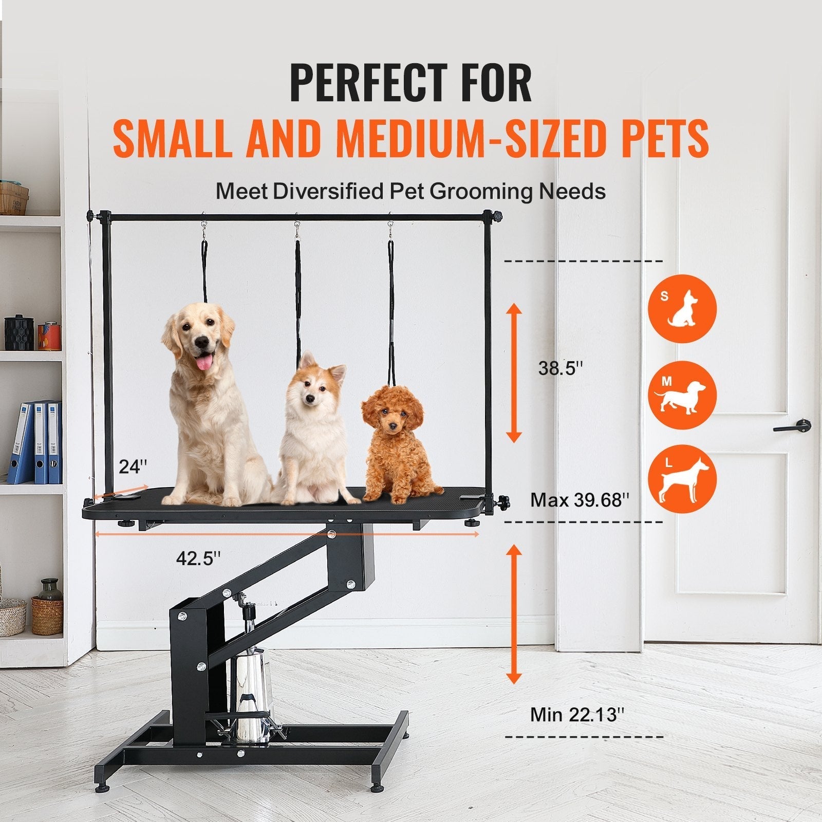 VEVOR 43" Hydraulic Pet Grooming Table, Heavy Duty Dog Grooming Arm for Medium/ Small Dogs, Height Adjustable Dog Grooming Station, Anti Slip Tabletop /Dog Grooming Station, Max Bearing 400LBS
