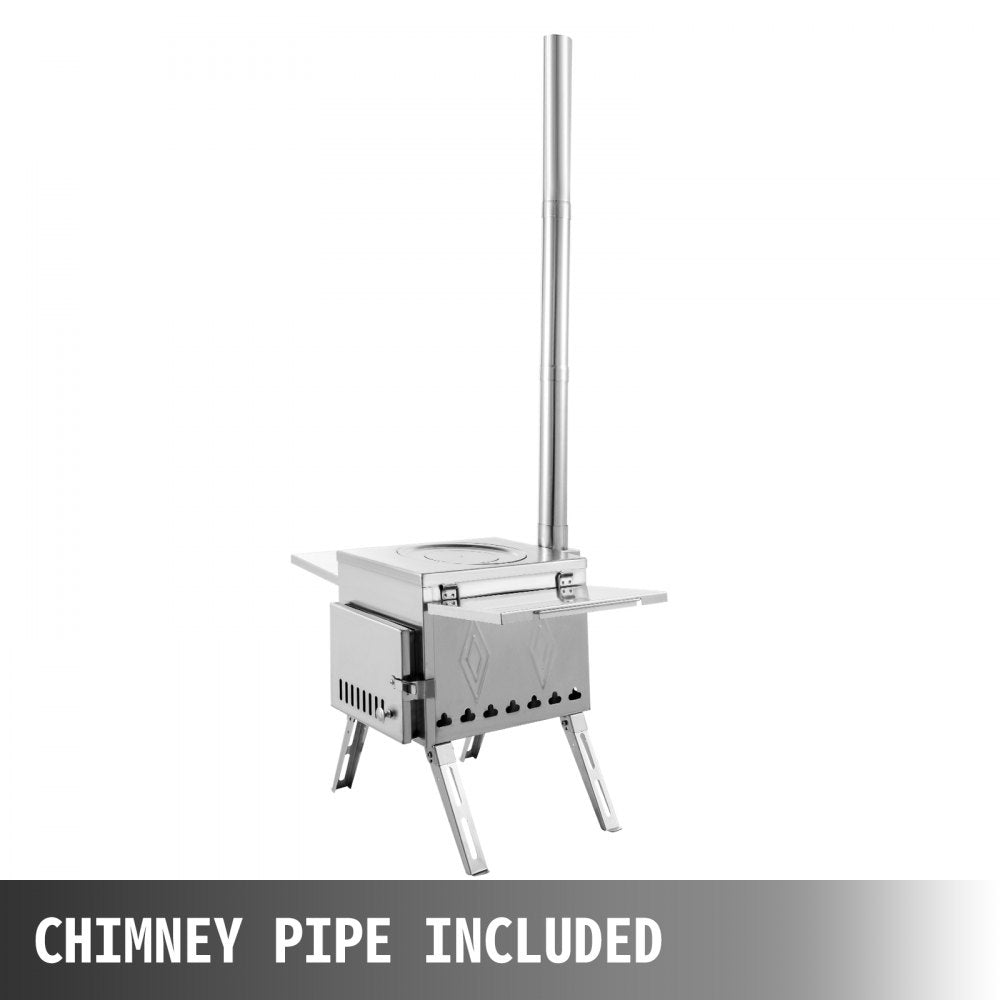 VEVOR Tent Wood Stove 18.1x15x27.2 inch, Camping Wood Stove 304 Stainless Steel With Folding Pipe, Portable Wood Stove 113 inch Total Height For Camping, Tent Heating, Hunting, Outdoor Cooking