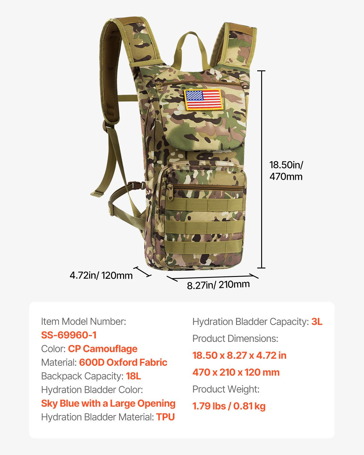 VEVOR Tactical Molle Hydration Pack Backpack 3L TPU Water Bladder Cycling Hiking