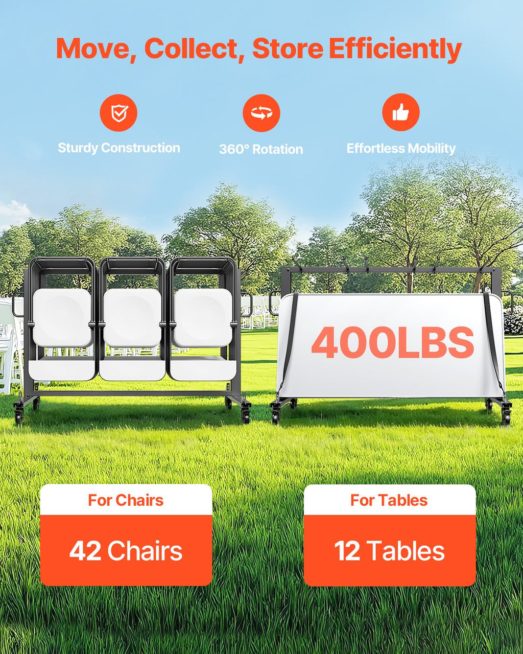 VEVOR Folding Chair Rack Cart for 42 Chairs or 12 Tables of 400 LBS with Wheels