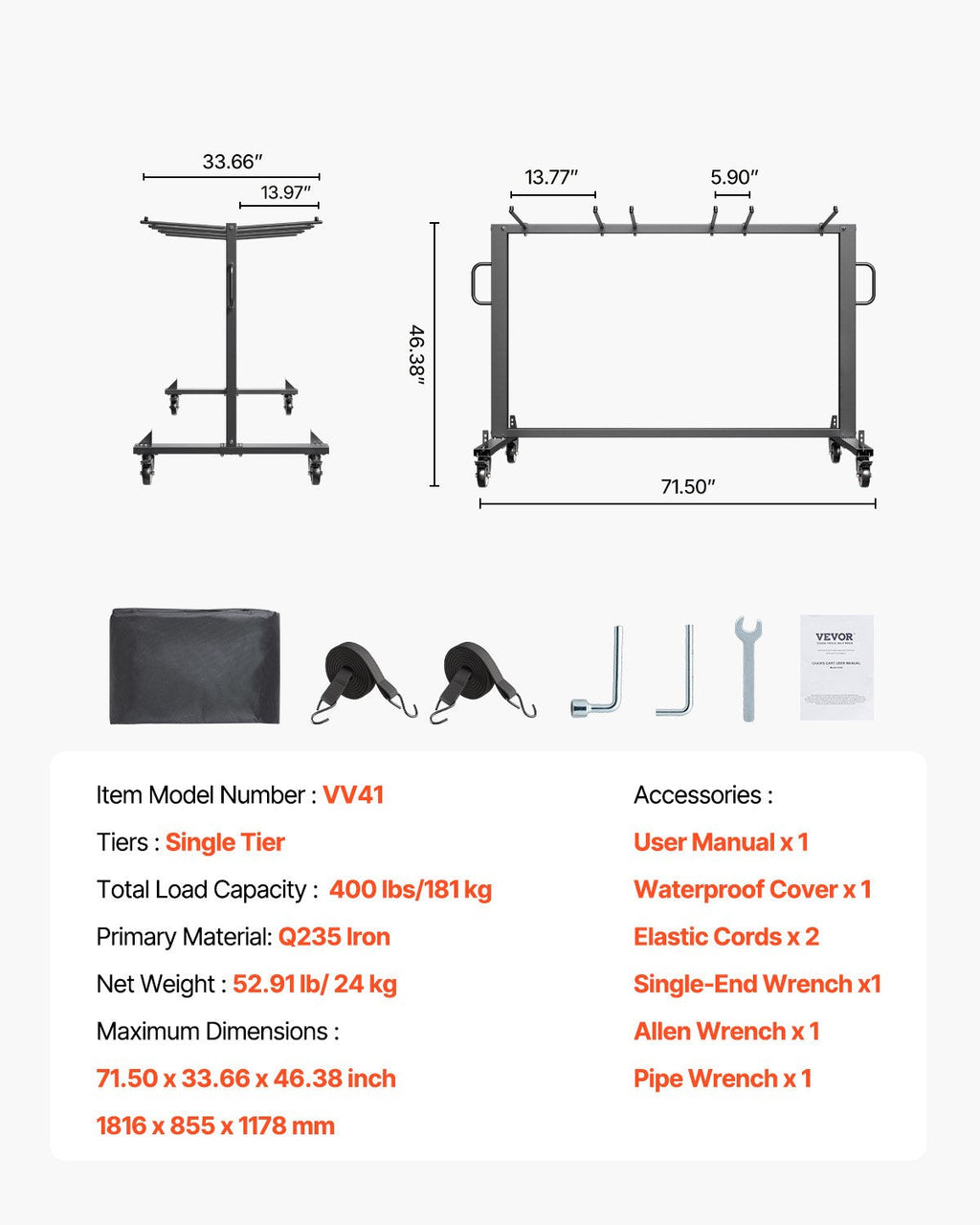 VEVOR Folding Chair Rack Cart for 42 Chairs or 12 Tables of 400 LBS with Wheels