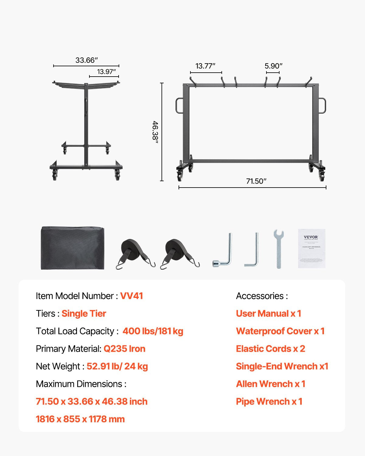 VEVOR Folding Chair Rack Cart for 42 Chairs or 12 Tables of 400 LBS with Wheels
