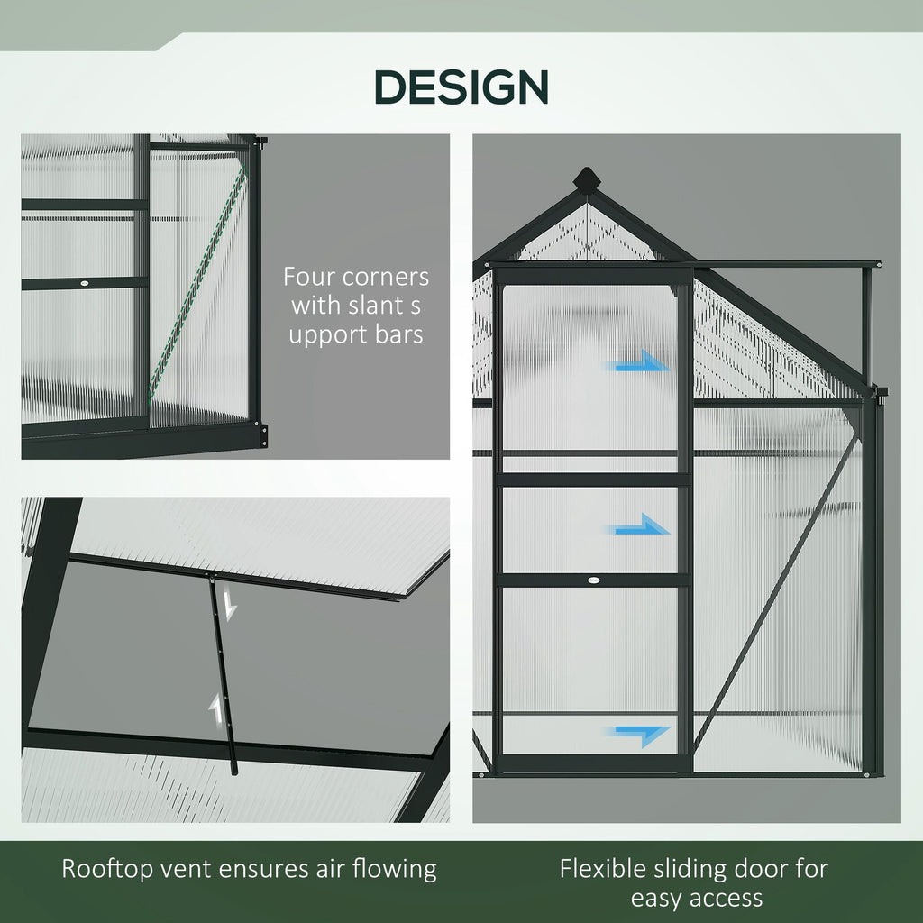 Outsunny Polycarbonate Greenhouse Kit 6.2'x6.3'x6.6' with Sliding Door, Sturdy Frame for Outdoor Gardening - Grey