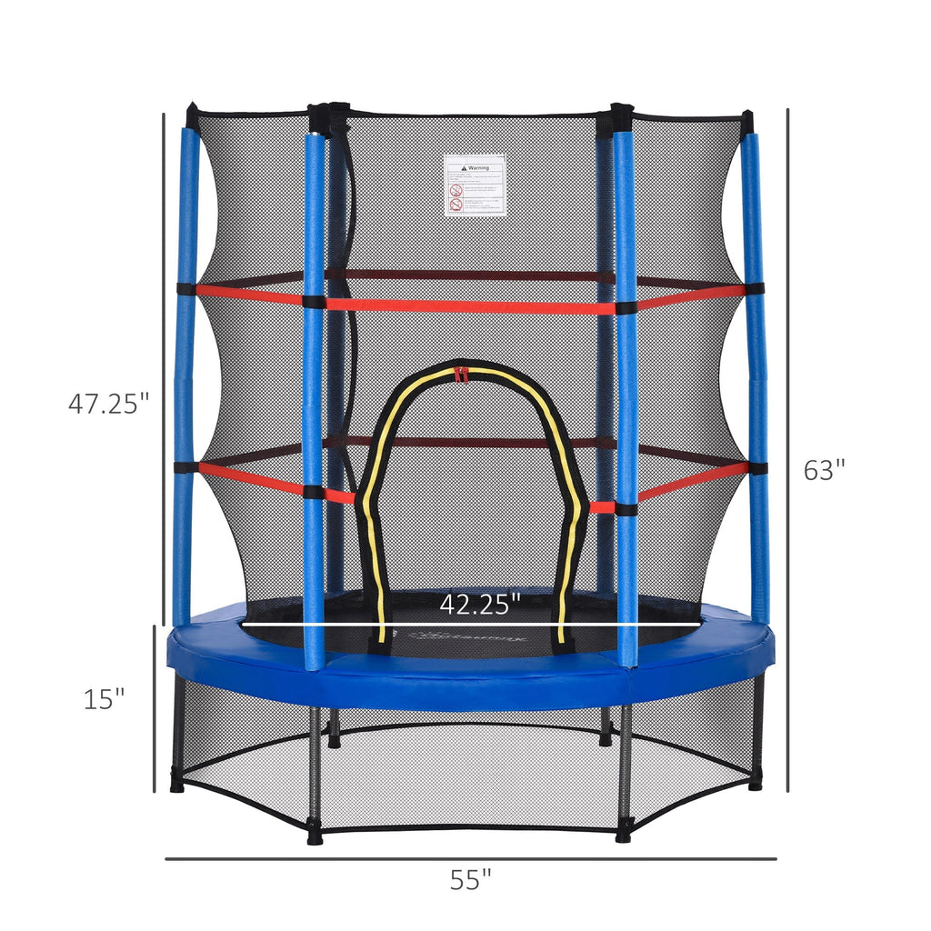 Outsunny 55" Kids Trampoline Enclosure Net Steel Frame Indoor Round Bouncer Rebounder 3-6 Years Blue Toy