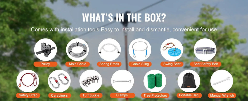 EVOR Zipline Kit for Kids and Adult, 100 ft Zip Line Kits Up to 500 lb, Backyard Outdoor Quick Setup Zipline, Playground Entertainment with Stainless Steel Zipline, Spring Brake, Safety Harness, Seat